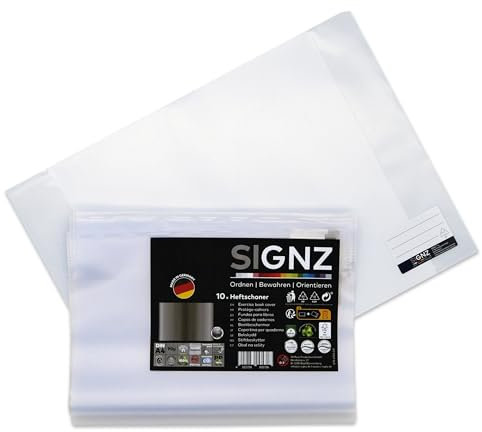 SIGNZ Heftschoner DIN A4, 10 Stück, transparent, starke 90my (0,09mm), genarbt, CO2-neutral hergestellt, made in Germany