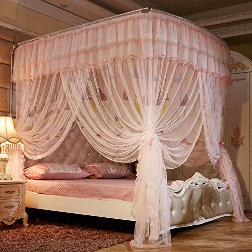 Moskitonetz fürs Bett, großes Zelt für Doppelbetten bis King-Size-Betten, Netzverschlüsselungsvorhang mit feinsten Löchern, doppelter Mückenschutz, 3 Eingänge, Pink,