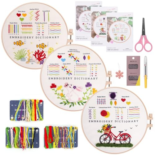 AROMUJOY Sticken für Anfänger, 3 Stück Embroidery Kit, Sticken Set Erwachsene, Stickset für Anfänger mit 1 Stück Stickrahmen und Instructions, Kreuzstich Set für DIY Kunst, Handwerk, Stickstich