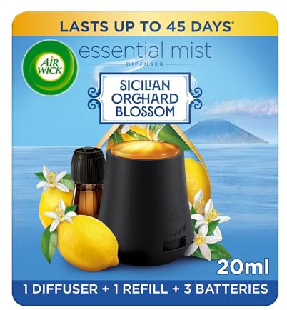 Air Wick Essential Mist Diffuser Kit, Sicilian Orchard Blossom, 1 Device & 1 Refill (20ml), Natural Essential Oils, Last up to 45 Days, Air freshener