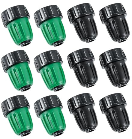 DRELD 12Pcs Drip Irrigation Tubing Adapters - 3/4 to 1/2 Hose Connectors, Faucet Irrigation Fittings, Black/Green (1/2 & 3/4 Inch)
