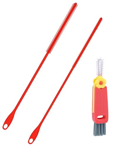 3pcs Silicone Straw Brush and Cup Lid Cleaning Brush, Ultra Long Straw Cleaning Brush Reusable Bendable Silicone Straw Cleaner Cup Lid Cleaner for Cleaning Bottles Straws (6mm+8mm, Red)