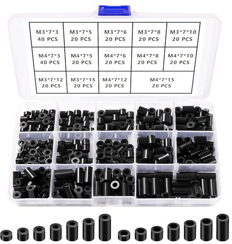 YIXISI 320 Piezas Arandelas Espaciadoras Redondas ABS, para M3 / M4 Tornillos, Soporte de Columna No Roscada Arandelas Espaciadoras, OD 7mm, Negro