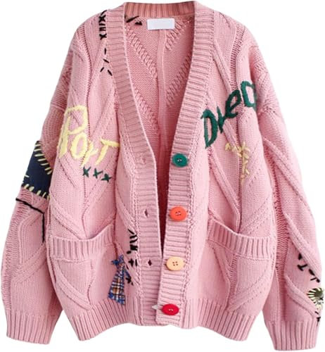 Lazutom Donna Autunno Inverno Caldo Cavo Maglia Grosso Cavo Maglia Cardigan Pecora Scollo a V Button Down Ricamo Misto Lana Maglione Cappotto Outwear, rosa, Etichettalia unica