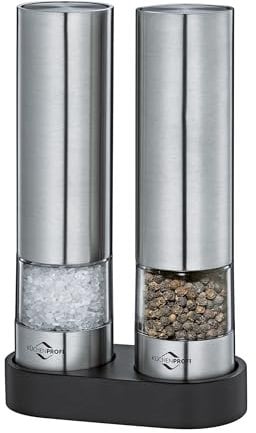 Küchenprofi Pfeffermühle und Salzmühle OHIO | 2 x Elektrische Gewürzmühle | Keramikmahlwerk | Edelstahl rostfrei, hochwertiger Kunststoff | Mit Mühlenuntersetzer | Auch für getrocknete Kräuter