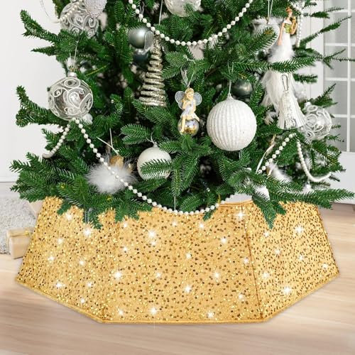Weihnachtsbaum Kragen Gold Pailletten Weihnachtsbaum Rock Ø65cm Zusammenklappbar Weihnachtsbaumständer Abdeckung für Christbaumständer Korb