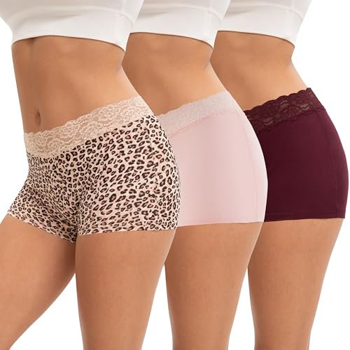 INNERSY Shorty Femme Coton Dentelle Boxer Taille Midi à Jambes Courts Culotte de Sécurité Lot de 3 (XL, Rouge/Rose/Léopard)
