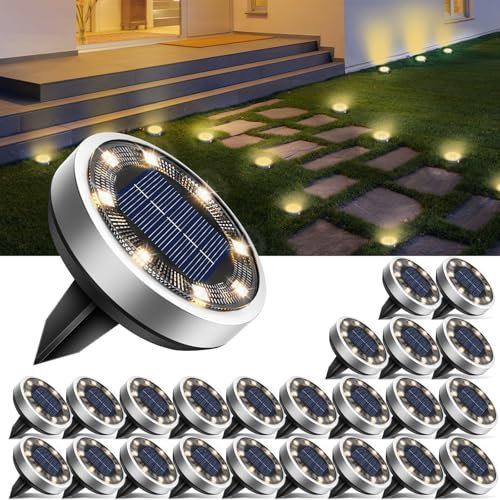 btfarm 24 Stück Solar Bodenleuchten Aussen, 8 LED Gartenbeleuchtung Solar Wasserdicht Boden Solarleuchten, Solarlampen für Außen Garten Rasen Auffahrt Gehweg Patio, Warmes Weiß