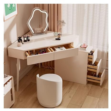 Huangj-0527 Schminktisch Kosmetiktisch Moderner Schminktisch, weißer Eck-Schminktisch, Kleiner Schminktisch mit Spiegel und 5 Schubladen Kommode für Make-up(60x60cm)