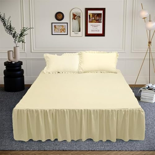 AMDXD Bett Volant 100x200cm Faltbar, Kräuseln Bett Rock Landhausstil Einfarbig Beige Gelb Faltenresistent und Ausbleichen, Polyester Betttuch für Boxspringbett & Wasserbett