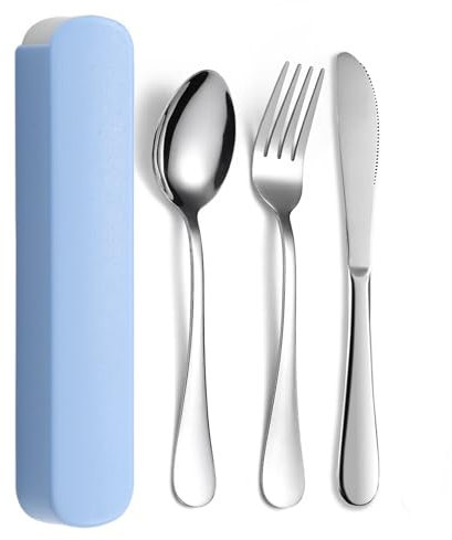 JIEYUCHU Cubiertos Camping, 3PCS Cubiertos Camping de Acero Inoxidable, con cuchara, Tenedor y Cuchillo, Resistente a la Oxidación para llevar al Trabajo, Viaje, Acampadas (Azul)