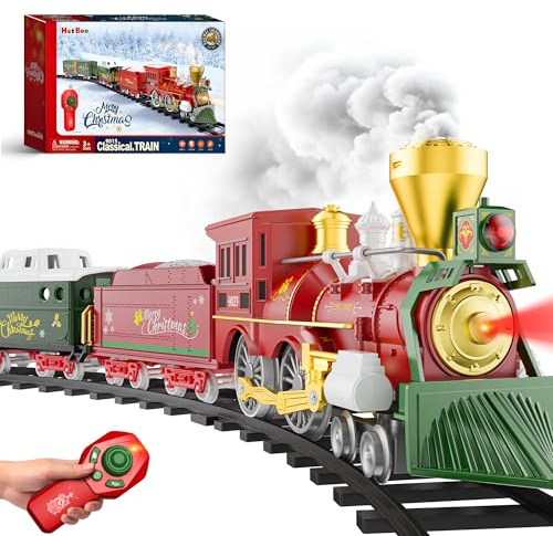 Hot Bee Elektrischer Weihnachtszug mit Fernbedienung, Licht und Sound | Weihnachtseisenbahn mit Rauch, Christmas Train Set und Zugspielzeug um den Baum, Geschenke für Kinder