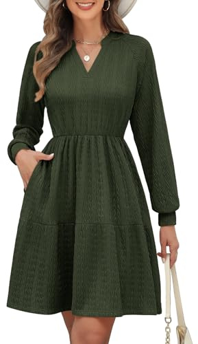 PASUDA Kleid Damen Elegant Langarm Ärmel V-Ausschnitt Kleider Casual Damen Kurze Freizeitkleider Frühling Herbst Herbstkleid Knielang Kurzkleid Minikleid Bequem A Linien mit Taschen