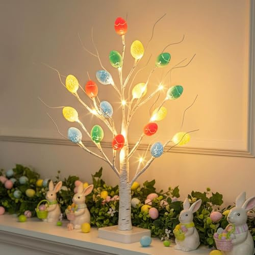 DELICHTER Beleuchtet Osterdeko Innen mit 24 Warmweißen LEDs Batteriebetrieben Lichterbaum mit 18 Ostereiern Ostern Deko Geschenke mit Timer-Funktion Birke Baum für Tischdeko 55 cm