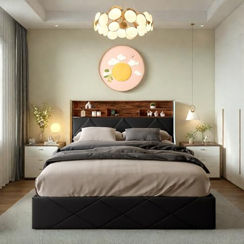 PerGar Hydraulisches Bett 140x200cm mit LED Beleuchtung und Ladefunktion, Polsterbett Doppelbett mit Kopfteil, Jugendbett Stauraumbett mit Lattenrost und Bettkasten, PU, Ohne Matratze, Schwarz