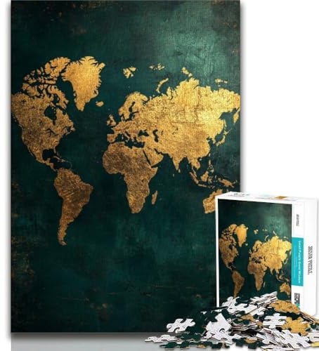 Puzzle 1000 Teile für Erwachsene Goldene Weltkarte Puzzle für Erwachsene Stressabbau schwierige Herausforderung geeignet als Schreibtischdekoration 26x38cm