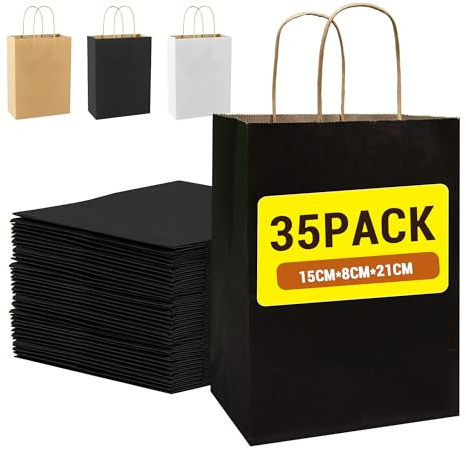 35 Stück Papiertüten mit Henkel, 15 x 21 x 8 cm Geschenktüten Papiertaschen Klein，Kraftpapier Tüten Gift Bag für Geburtstag Hochzeit Adventskalender DIY (Schwarz)