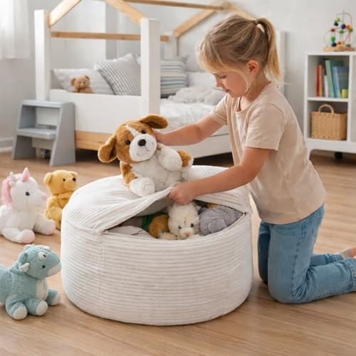 ELOVIA Kuscheltier Aufbewahrung - Sitzsack Bezug aus Cord ohne Füllung mit Reißverschluss, weich & praktisch, gemütlicher Spielzeug Organizer & Sitzkissen fürs Kinderzimmer