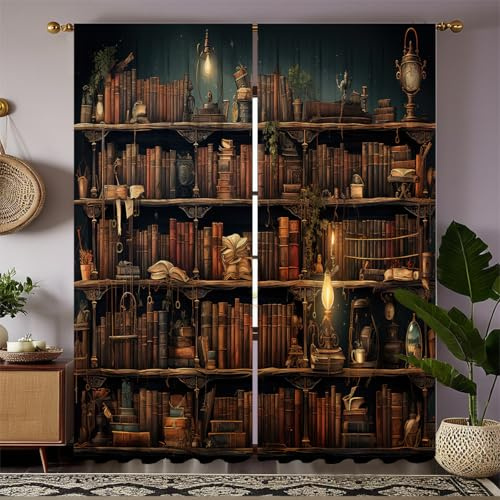 VELOMEA Vintage Bücherregal Vorhänge, Retro Bibliothek Gardinen mit Bücherregal Motiv, Dunkel Wohnzimmer Arbeitszimmer Deko, Verdunkelungsvorhang mit Ösen 2er Pack 107x114 cm
