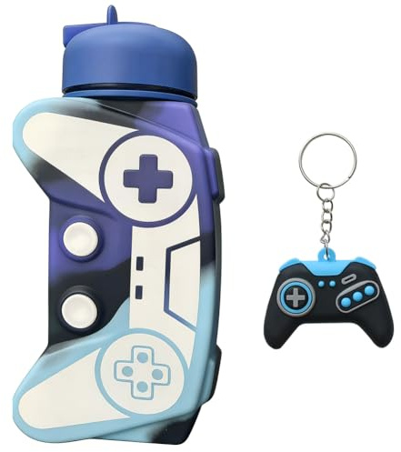 JynkChrenzic Water Bottle & Keychain Gift,Game Drinking Bottle,600ml Water Bottles Silicone for School Leakproof Reusable BPA Free for Girls and Boys Drinks (Blue)