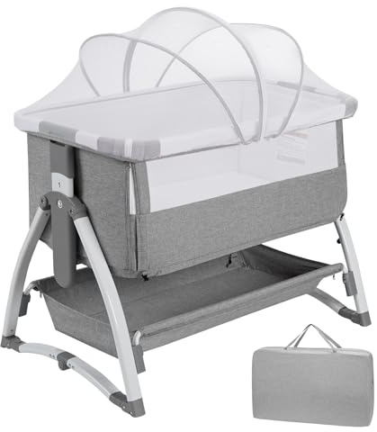 OPULENTHOME Lit cododo Bebe Pliant avec Matelas,3 en 1 Lit Parapluie Bebe avec Berceau,Jouets Suspendu,Table à Langer,Rangement latéral,Porte-gobelet,Lit evolutif Bebe pour 0-24 Mois (Gris)