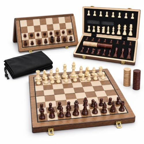 15 Inch Large Wooden Magnetic Chess Set Folding Board with Storage & Extra Queen, 2-in-1 Chess and Checkers Game, Travel Chess Set for Adults, Premium Walnut Finish Luxury Gift