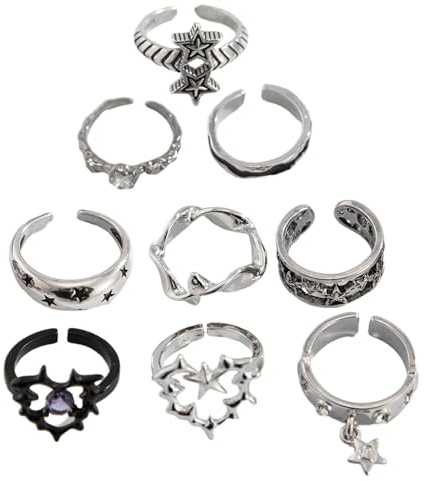 Oxxggkao 9-teiliges trendiges Thorn Vintage Ringe für Damen und Herren, silbernes Gothic Set mit Schlangen, Herz, Totenkopf und Schmetterlingsstilen, personalisierbare Ringe