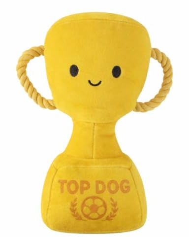 YöL Plush Trophy Dog Toy 23cm Squeaky Crinkle Soft Stuffed Pet Toy with Rope Handles and Embroidered Detail, Interactive Puppy and Dog Play Toy, Football Themed Toy