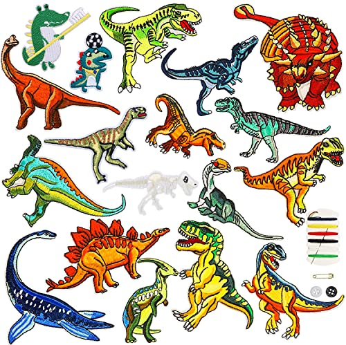 Sunshine smile Bügelflicken Kinder, 18 Stück Patches zum Aufbügeln Dinosaurier Aufnäher Applikation Flicken Zum Aufbügeln für DIY T-Shirt Jeans Kleidung Taschen,Flicken Patches