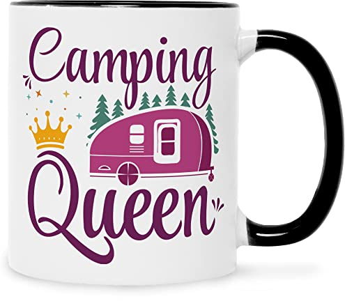 Bedruckte Tasse mit Spruch - Camping Queen - Geschenke für Camperinnen zum Urlaub - für Camper Frauen zum Geburtstag Valentinstag Weihnachten - Geschenkidee für Sie - Farbe: Schwarz & Weiß