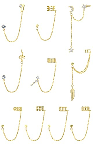 ADRAMATA 10 Stücke Ohr Manschette Ohrringe Kette für Damen Schlange Feder Ohr Manschette Kreuz Mond Stern Ohr Bergsteiger Helix Knorpel Crawler Ohrringe Quaste Gold Silver Ear Cuff Earrings für Damen