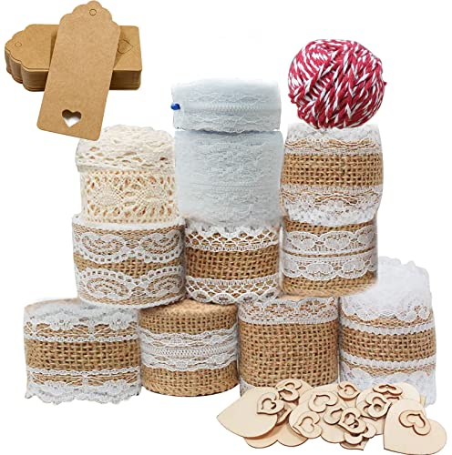 12 Roll Juteband Spitzenband, Natürliche Juteband mit Spitze, Vintage Juteband, Spitzenband weiß Vintage mit Holzscheiben, Hanfseil, Hängeetiketten für DIY Handwerk Deko Hochzeit Geburtstag Party