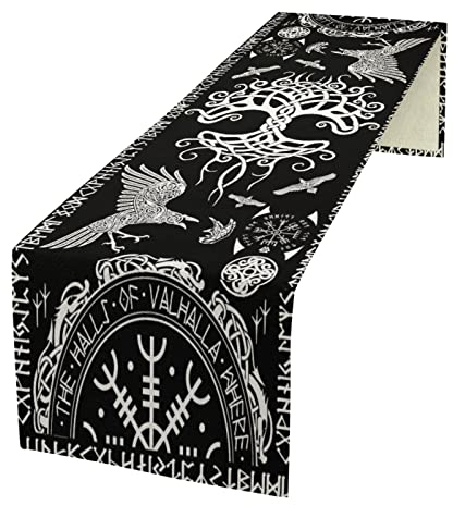 kikomia Baumwolle Leinen Tischläufer Rechteckige Wikinger Rabe Baum des Lebens Tischdecke für Hochzeit Urlaub Heimdekoration Wikinger Dekorativ Abdeckung Tischplatte (33×91cm, Black)