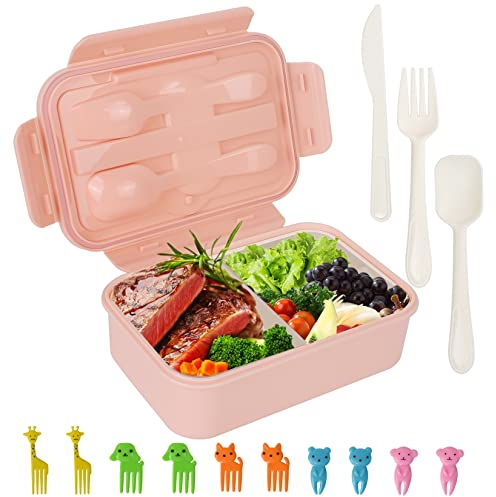 NOZVYCI Fiambrera Lunch Box 1400ML, Bento Box Infantil con 3 Compartimentos y Cubiertos [Libre de BPA] Fiambreras a Prueba de Fugas para Adultos Niños para Microondas y Lavavajillas (Rosa)