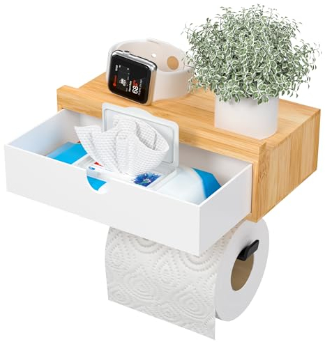 EXABANG Toilettenpapierhalter Bambus mit Feuchttücherbox, Klopapierhalter Klorollenhalter Toilet Paper Holder (Natur)
