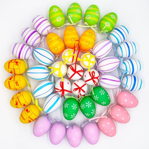 Crisgus 42x Ostereier zum Aufhängen, Bunte Ostereier Plastik, Osterdeko für Draußen,Easter Egg(6 cm * 4 cm) L