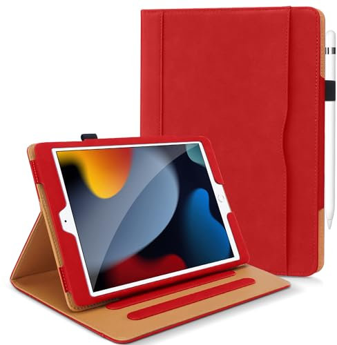 DAORANGE Cover per iPad 9a / 8a/ 7a Generazione 10,2 Pollici 2021/2020/2019, Custodia in Pelle PU con Portapenne, Tasca Documenti, Funzione di Sveglia/Sonno Automatica (Rosso)