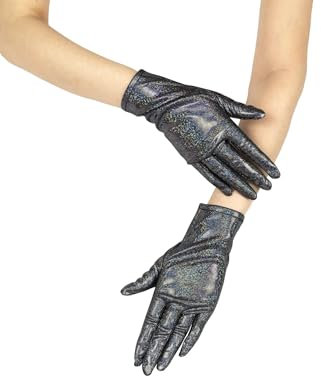 Goiruiya Glänzende metallische Spandex-Handschuhe, kurze Handschuhe, Erwachsenengröße, glitzernd, Opernhandschuhe für Cosplay, Party, Hallowmas, Schwarz, Einheitsgröße