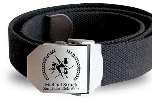 Lasernauten Gürtel Stoff Textil mit Edelstahlschnalle mit Gravur Elektriker Zunftzeichen und Wunschtext personalisiert Workwear Arbeitshose Elektroniker