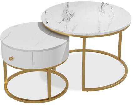 Vicco Couchtisch-Set Madrid, Marmor Weiß, 70 x 70 cm, Kleiner Tisch mit Schublade