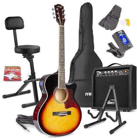 MAX ShowKit Beginner Acoustic Guitar Starter Kit in Sunburst with Amplifier, Folding Musician Stool with Backrest, Stand and Accessories Complete Electro-Acoustic Set