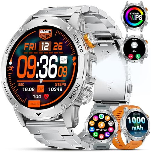 LIGE Reloj Inteligente Hombre,1.75 HD Smartwatch Hombre con Llamadas,Pulsómetro SpO2, Monitor Sueño, Podómetro,Batería de 1000 mAh, 110+ Modos Deportivos iOS Android,Plateado