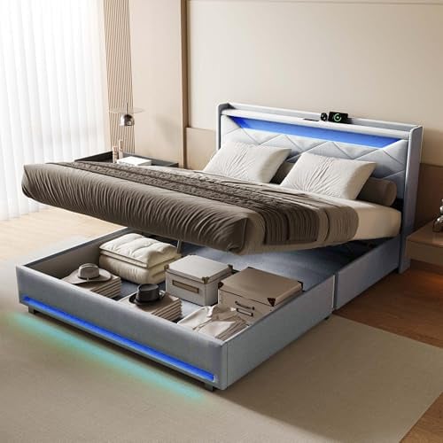 Boxspringbett 140 x 200 cm, Gepolstertes Doppelbett Aus Leinen Mit LED, Hydraulisch Gepolstertes Bettgestell Mit Lattenboden, Bett Mit Stauraum Staubett Für Erwachsene Und Jugendliche