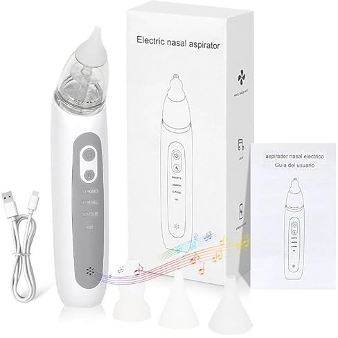 Aspirateur nasal électrique pour bébé avec 3 embouts en silicone et 3 niveaux d'aspiration, fonction apaisante avec musique et lumière, aspirateur nasal anti-refoulement pour bébé, tout-petit