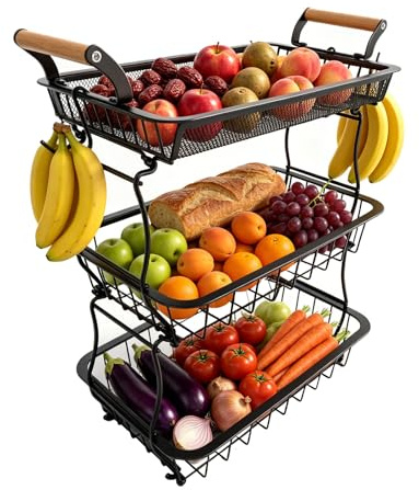 RMNKTHC Cesta de Frutero de 3 Niveles, Soporte de Frutas de malla con 2 Ganchos para Plátanos, Encimera de Cocina, Aparador, Despensa, para Almacenar Pan, Aperitivos, Frutas y Verduras (Negro)