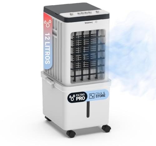 SYMPHONY Ventus12— Climatizador Evaporativo Portátil 12L, Silencioso 30 dB para Dormitorio y Oficina, Solo 65W (-90% vs Aire Acondicionado), Llenado Continuo, Ruedas, 900 m³/h