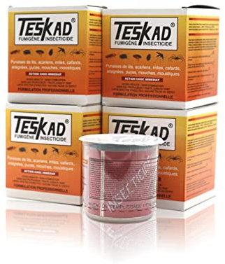 Fumigène insecticide Teskad lot de 4 anti puces, anti punaises de lit, anti cafards, anti mites, anti araignées, anti mouches, anti moucherons...jusqu'à 250m3 par fumigène