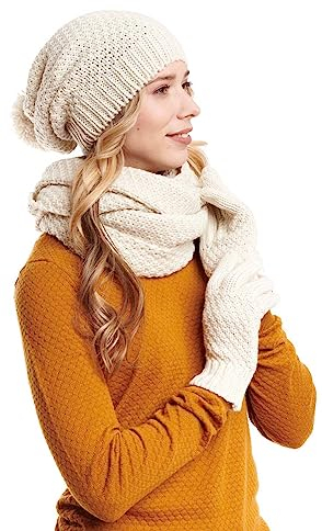 Hilltop Winter Kombi Set aus Winter Schal, passender Strickmütze und Handschuhe, 3-tlg., Farbe:Creme mit Handschuhen