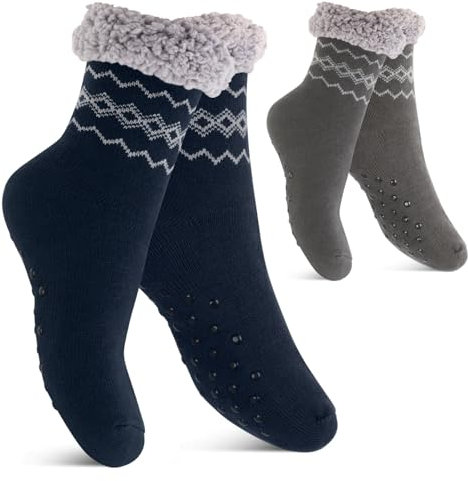 Footstar Damen und Herren Winter Haussocken (2 Paar) Kuschelsocken - Anthra-Navy 43-46