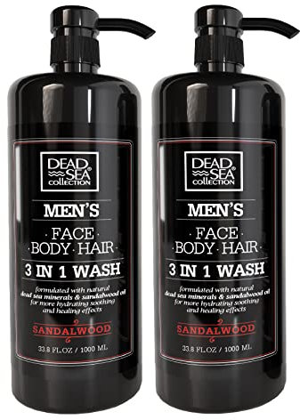 Dead Sea Collection Gel douche 3 en 1 pour hommes à l'huile de bois de santal et au sel de la mer Morte – Soin lavant, shampooing, nettoyant visage – Lot de 2 (1000 ml chacun)